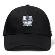 The Austin Huns Rugby Flexfit Drill Cap by EMB Canterbury is a black curved brim cap featuring the Huns Rugby embroidered logo patch and "EST. 1972" on the front.