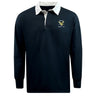 This navy Hornets Rugby Club Classic Long Sleeve Solid Rugby Jersey by EMB Mudoo features a white collar and an embroidered "Hornets Rugby Club" crest with a yellow and green emblem on the left chest.