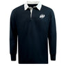 The EMB Mudoo Clarksville Headhunters Classic Long Sleeve Solid Rugby Jersey is black with a white collar and a white "AH" logo on the left chest.