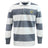 The EMB Mudoo Hornets Rugby Club Classic Long Sleeve Hooped Rugby Jersey features wide gray and white stripes, a white collar, and an embroidered "Hornets Rugby Club 1977" crest for timeless rugby style.