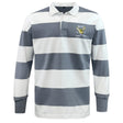 The EMB Mudoo Hornets Rugby Club Classic Long Sleeve Hooped Rugby Jersey features wide gray and white stripes, a white collar, and an embroidered "Hornets Rugby Club 1977" crest for timeless rugby style.