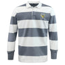 The EMB Mudoo Hornets Rugby Club Classic Long Sleeve Hooped Rugby Jersey features wide gray and white stripes, a white collar, and an embroidered "Hornets Rugby Club 1977" crest for timeless rugby style.