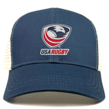 The USA Rugby Eco Trucker Cap by EMB S&S Activewear is a navy blue hat with a white mesh back, featuring the USA Rugby logo and text—an eco-friendly choice perfect for fans.