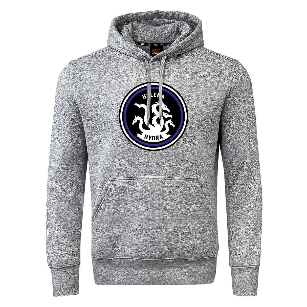 Helena Youth Rugby Club Hoodie by WRS Canterbury in gray features a large round emblem on the chest with a stylized hydra design and "Hydra" text. Made from sweatshirt fleece, it includes ribbed cuffs, a front pouch pocket, and subtle Canterbury branding.