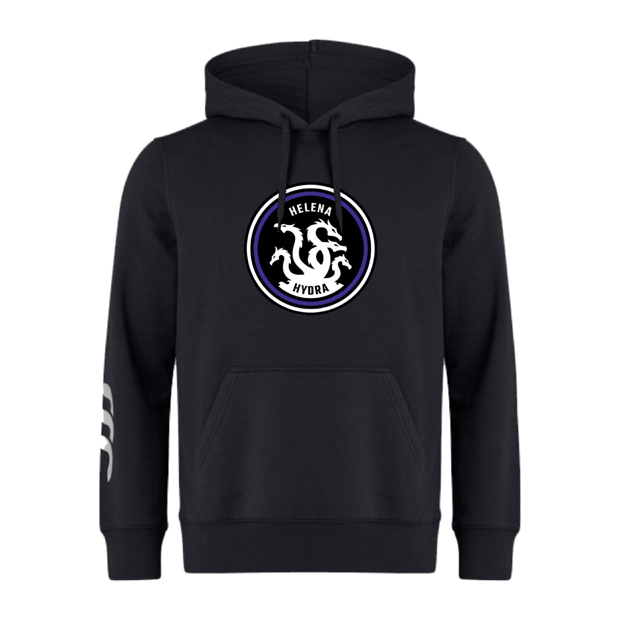 The Helena Youth Rugby Club Hoodie by WRS Canterbury boasts a circular 'Helena Hydra' logo with a hydra illustration on the chest and white stripes on the right sleeve. Made from cozy sweatshirt fleece, it reflects authentic Canterbury branding for a sporty touch.