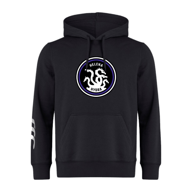 The Helena Youth Rugby Club Hoodie by WRS Canterbury boasts a circular 'Helena Hydra' logo with a hydra illustration on the chest and white stripes on the right sleeve. Made from cozy sweatshirt fleece, it reflects authentic Canterbury branding for a sporty touch.