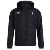 The EMB Canterbury Helena Youth Rugby Club Vaposhield Full Zip Rain Jacket features a black hood, raised logo on the left chest, "CCC" on the right chest, VapoShield for water resistance, and zippered front and side pockets.