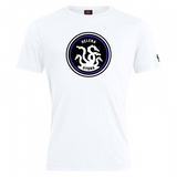 Explore the Helena Youth Rugby Club Plain Tee by WRS Canterbury, a white cotton-rich T-shirt. It boasts a bold black circle design with "HELENA HYDRA" and a multi-headed creature illustration.