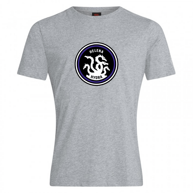 The Helena Youth Rugby Club Plain Tee by WRS Canterbury features a cotton-heavy blend with a circular logo, text "Helena Hydra," and a multi-headed serpent illustration, offering comfort and style.