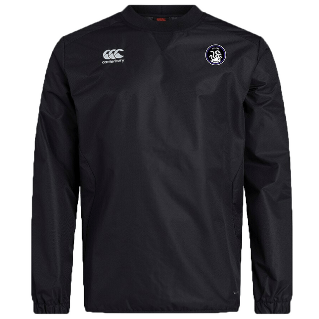 The Helena Youth Rugby Club Vaposhield Contact Top by EMB Canterbury is a black long-sleeve shirt featuring the Canterbury and lion circle logos on the chest, made from Micro Diamond ripstop fabric for enhanced durability.