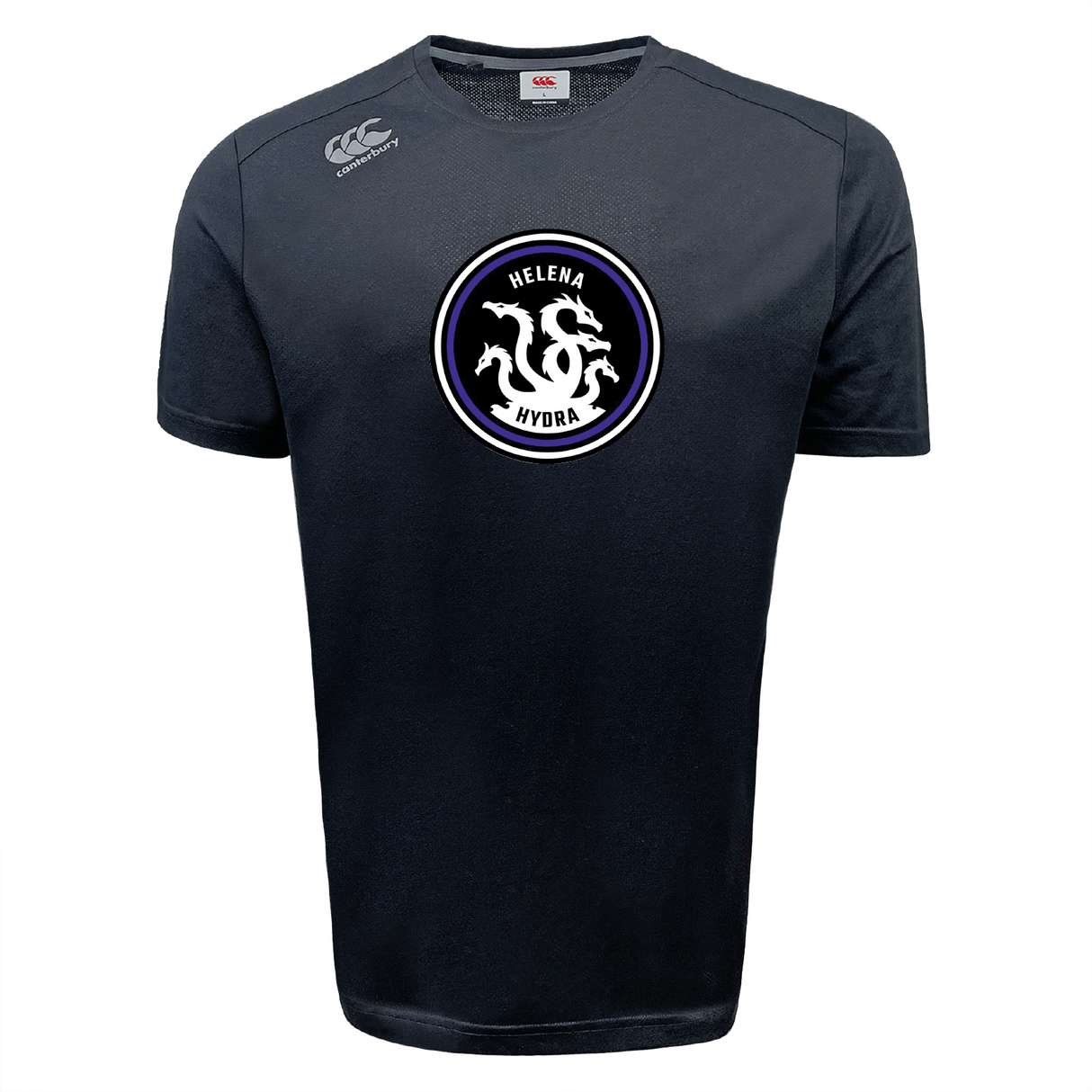 The Helena Youth Rugby Tempo Vapodri T-Shirt by WRS Canterbury is a black tee with a white three-headed hydra emblem and "Helena Hydra" text, featuring VapoDri technology for optimal moisture-wicking.