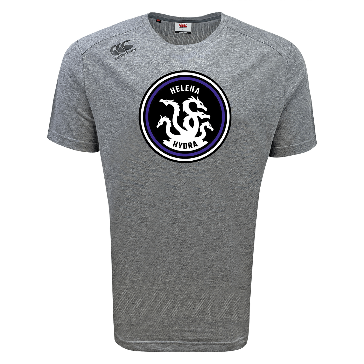 Gray "Helena Youth Rugby Tempo Vapodri T-Shirt" by WRS Canterbury includes a round emblem with "HELENA HYDRA" and hydra graphic at its center. As a sports tee with VapoDri tech, it offers excellent moisture-wicking performance. The logo is on the upper left.