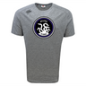 Gray "Helena Youth Rugby Tempo Vapodri T-Shirt" by WRS Canterbury includes a round emblem with "HELENA HYDRA" and hydra graphic at its center. As a sports tee with VapoDri tech, it offers excellent moisture-wicking performance. The logo is on the upper left.