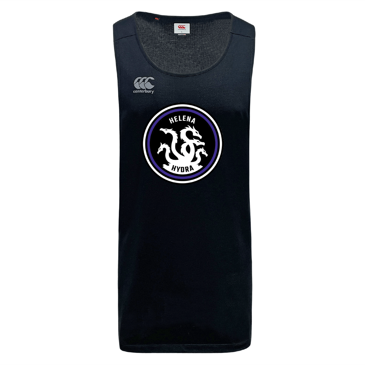 The CCC Tempo Singlet, now known as the Helena Youth Rugby Tempo Vapodri Singlet by WRS Canterbury, is a black sports top with a circular "Helena Hydra" logo featuring three white hydra heads. Made from recycled polyester, it uses VapoDri technology to keep you cool during workouts.