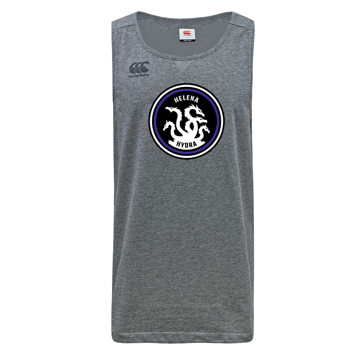 The Helena Youth Rugby Tempo VapoDri Singlet by WRS Canterbury is a gray sleeveless shirt made from recycled polyester, featuring the "HELENA HYDRA" logo with a dragon emblem on the front and subtle Canterbury branding for active comfort.