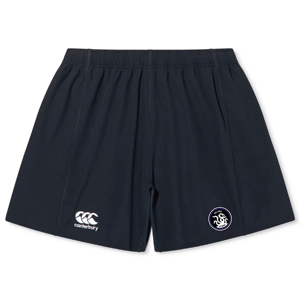 Helena Youth Rugby Yokohama Shorts by EMB Canterbury feature an elastic waistband, the iconic Canterbury logo, and a circular emblem on the hem.