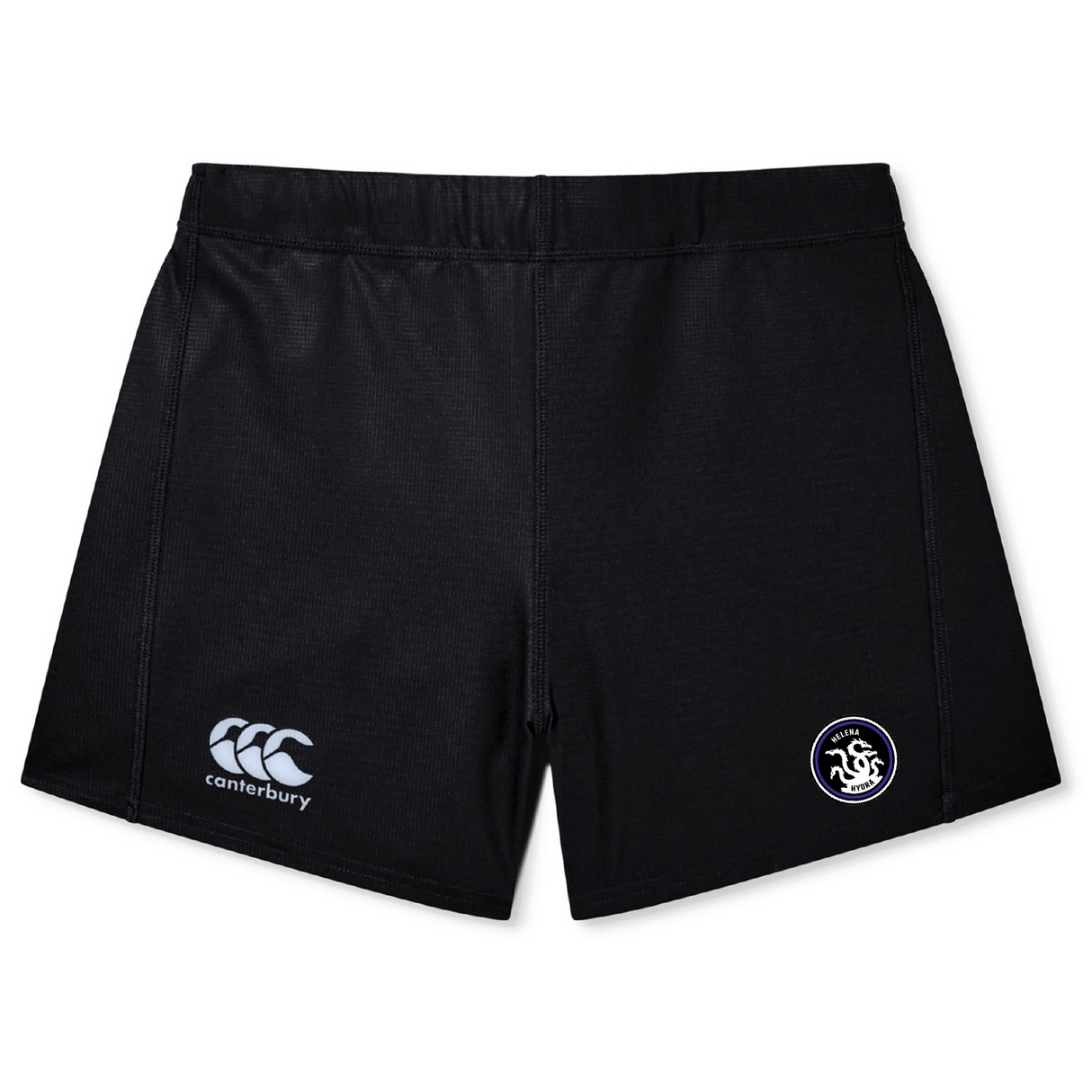 The Helena Youth Rugby Women's Yokohama Short by EMB Canterbury features a logo on the left leg and brand emblem on the right. Made with lightweight Vapodri fabric, these shorts offer comfort and performance, while a silicone gripper ensures secure fit during intense matches.