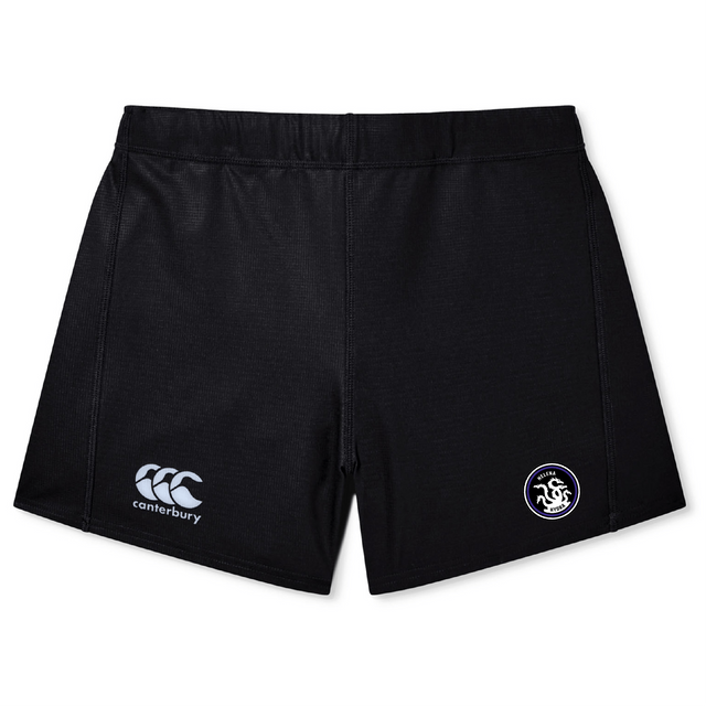 The Helena Youth Rugby Women's Yokohama Short by EMB Canterbury features a logo on the left leg and brand emblem on the right. Made with lightweight Vapodri fabric, these shorts offer comfort and performance, while a silicone gripper ensures secure fit during intense matches.