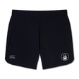The Helena Youth Rugby Women's Elite Woven Short by EMB Canterbury combines lightweight comfort with style, featuring black athletic shorts adorned with a white lion logo on the right leg and a small emblem on the left, plus zippered pockets for convenience. Perfect for performance and fashion.
