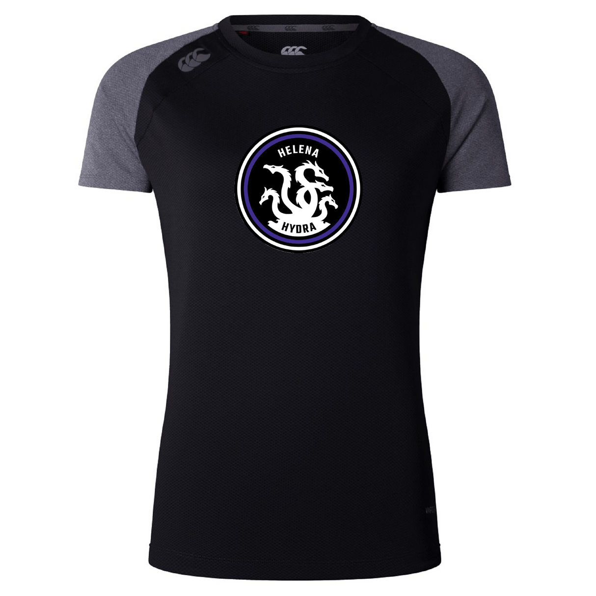 The Helena Youth Rugby Women's Elite Training Tee by WRS Canterbury is a black and gray athletic t-shirt with Vapodri technology. It features lightweight fabric and a circular emblem depicting a hydra with the text "Helena Hydra" on the front.
