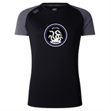 The Helena Youth Rugby Women's Elite Training Tee by WRS Canterbury is a black and gray athletic t-shirt with Vapodri technology. It features lightweight fabric and a circular emblem depicting a hydra with the text "Helena Hydra" on the front.