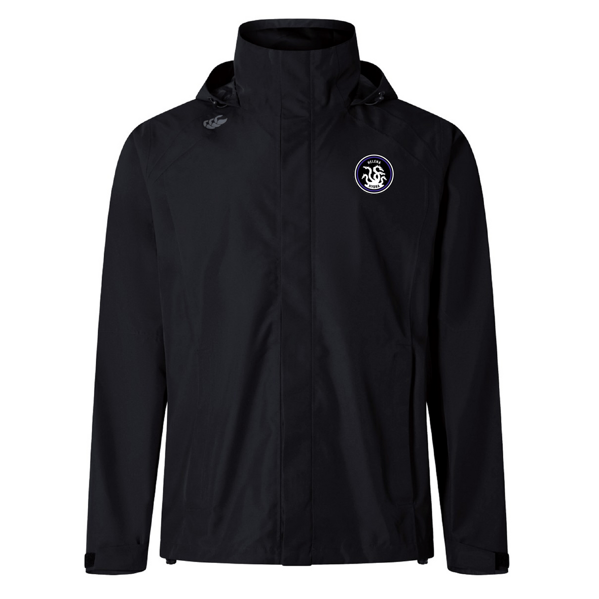 The Helena Youth Rugby Elite Storm Jacket by EMB Canterbury features pitchside protection, a high collar with hood, and a circular lion logo on the left chest.