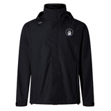 The Helena Youth Rugby Elite Storm Jacket by EMB Canterbury features pitchside protection, a high collar with hood, and a circular lion logo on the left chest.