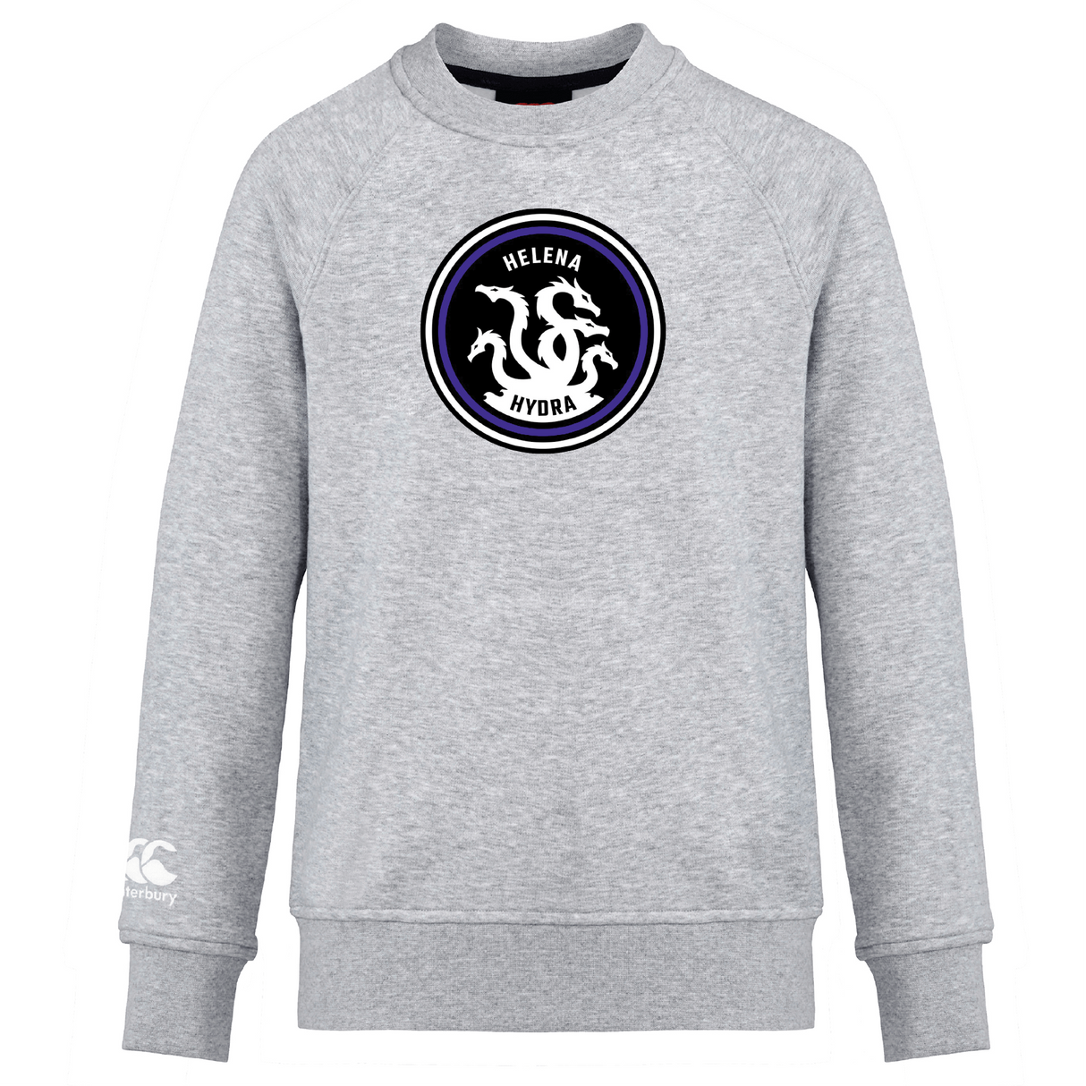 The Helena Youth Rugby Club Crew Sweatshirt by WRS Canterbury, inspired by the Canterbury Club Crew style, is an ultra-soft gray piece featuring a circular emblem with a three-headed serpent labeled "Helena Hydra" and an embroidered CCC logo for added distinction.