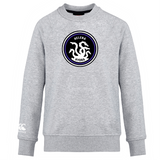 The Helena Youth Rugby Club Crew Sweatshirt by WRS Canterbury, inspired by the Canterbury Club Crew style, is an ultra-soft gray piece featuring a circular emblem with a three-headed serpent labeled "Helena Hydra" and an embroidered CCC logo for added distinction.