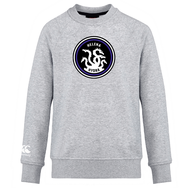 The Helena Youth Rugby Club Crew Sweatshirt by WRS Canterbury, inspired by the Canterbury Club Crew style, is an ultra-soft gray piece featuring a circular emblem with a three-headed serpent labeled "Helena Hydra" and an embroidered CCC logo for added distinction.