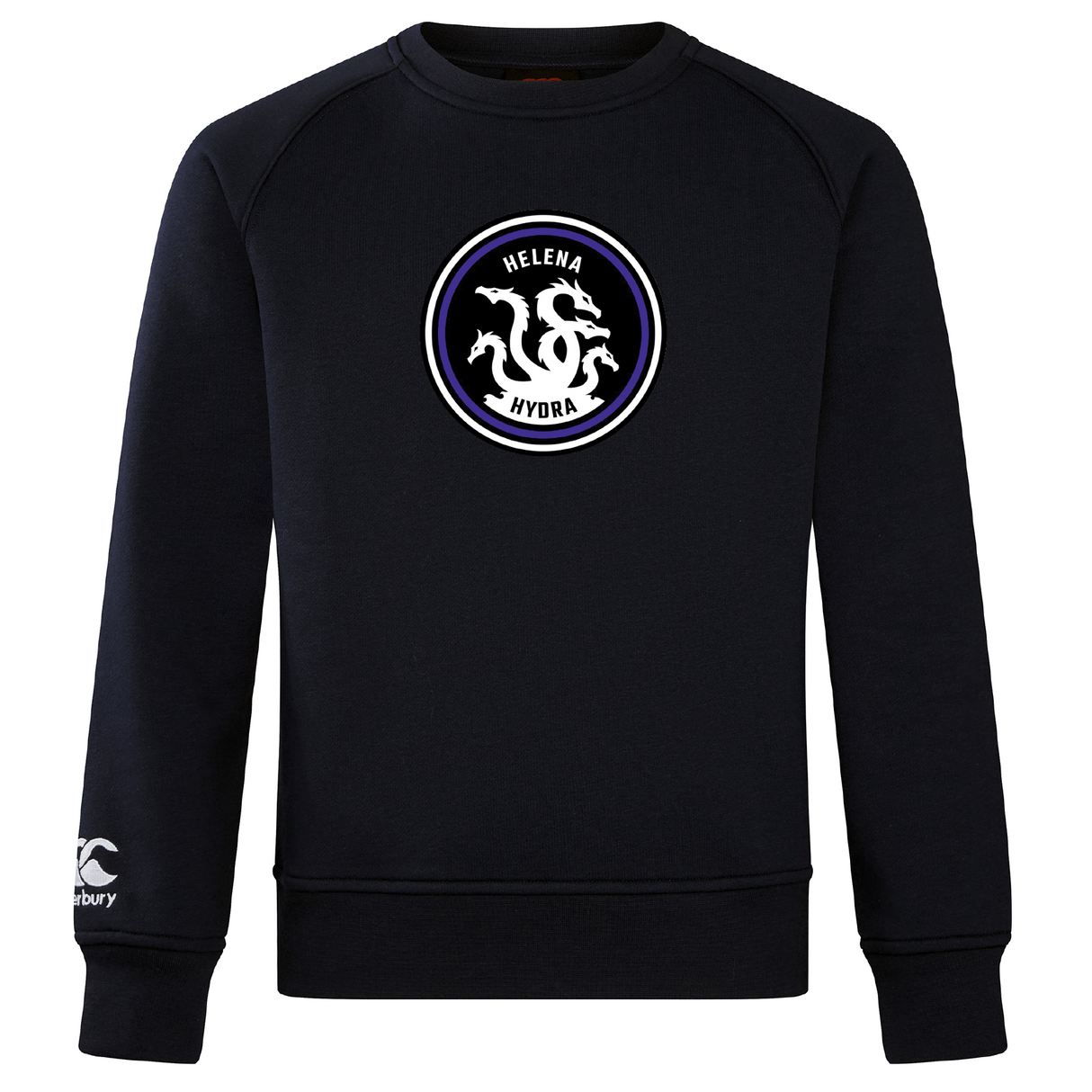 The ultra-soft Helena Youth Rugby Club Crew Sweatshirt by WRS Canterbury features a circular "Helena Hydra" logo with two intertwined serpents, and has an embroidered CCC logo on the left sleeve.