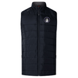 The EMB Canterbury Women's Elite Microlite Gilet by Helena Youth Rugby features quilted, insulated navy baffles with a white emblem on the upper left chest, plus a standing collar and front zipper for warmth and style.