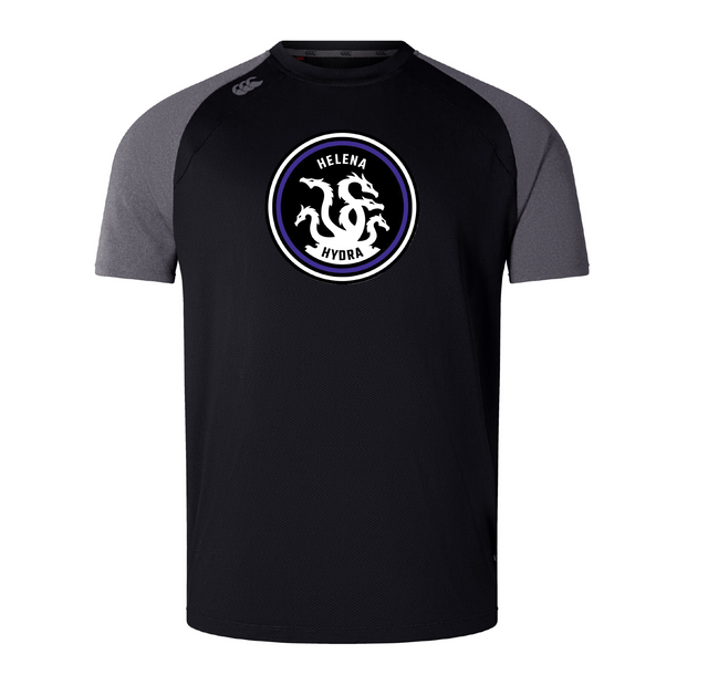 The Helena Youth Rugby Elite Training Tee by WRS Canterbury features gray sleeves, a CCC logo, and a three-headed hydra with "Helena Hydra" on the front. Made with Vapodri fabrics for performance and comfort.