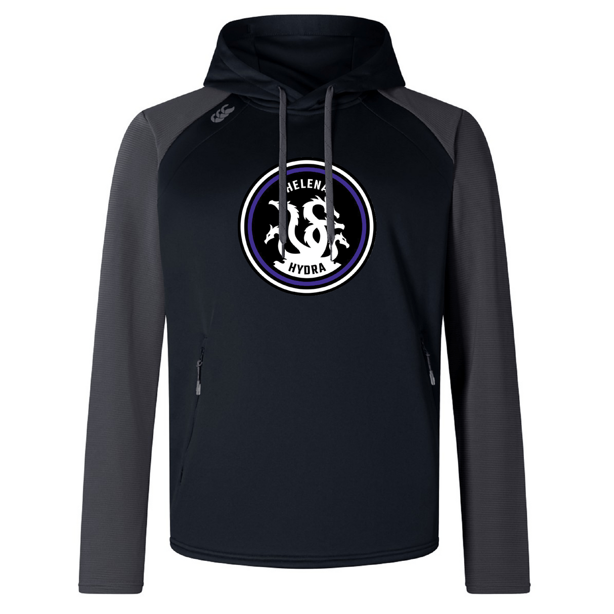 The Helena Youth Rugby Elite Training Hoody by WRS Canterbury features a central "Helenka Hydra" logo and abstract design. Made from premium fabrics in black and gray, its versatile style ensures comfort for any occasion.