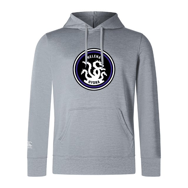 Lightweight gray hoodie by WRS Canterbury, the "Helena Youth Rugby Club Lightweight Hoodie," featuring a "Helena Hydra" logo with a stylized hydra emblem on the chest and a convenient kangaroo pocket.