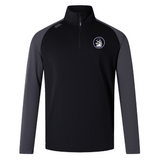 The Helena Youth Rugby Elite First Layer by EMB Canterbury is a black and grey long-sleeve pullover with VapoDri technology. It features a high collar, half-zip, the Canterbury Elite logo on the chest, and a small emblem on the shoulder, making it perfect for training sessions.