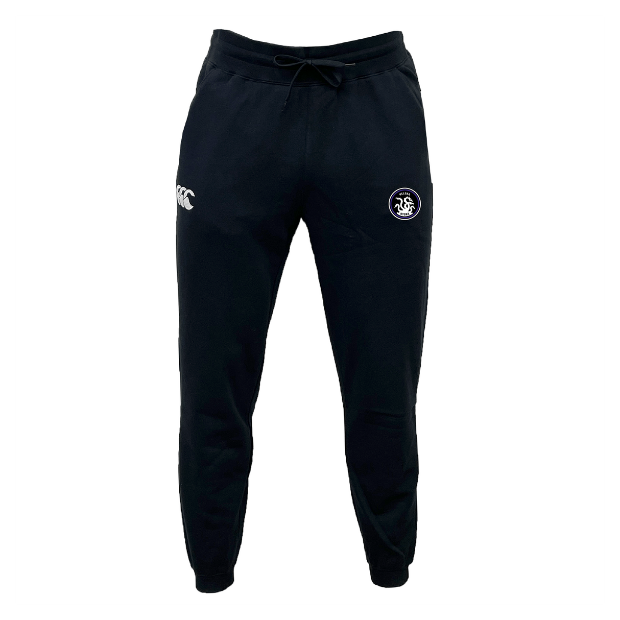 Helena Youth Rugby Leisure Sweatpant by EMB Canterbury: Black sustainable athletic joggers with a drawstring waist, featuring logos on the left thigh and right pocket.