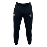 Helena Youth Rugby Leisure Sweatpant by EMB Canterbury: Black sustainable athletic joggers with a drawstring waist, featuring logos on the left thigh and right pocket.