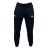 Helena Youth Rugby Leisure Sweatpant by EMB Canterbury: Black sustainable athletic joggers with a drawstring waist, featuring logos on the left thigh and right pocket.