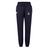 The Helena Youth Rugby Women's Leisure Sweatpant by EMB Canterbury is a navy blue leisure pant made from recycled polyester, featuring a drawstring waist, white logo on the left thigh, and a small emblem on the right side.