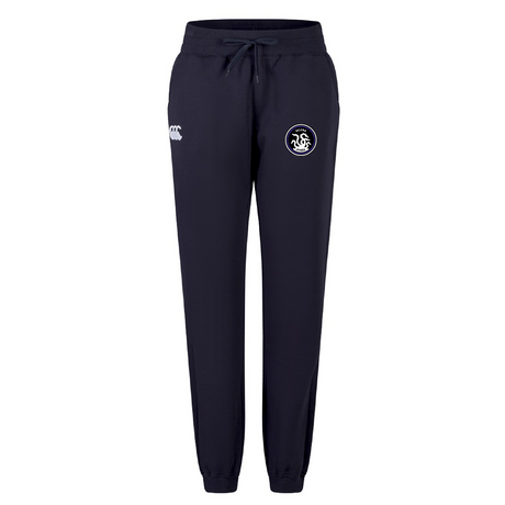 The Helena Youth Rugby Women's Leisure Sweatpant by EMB Canterbury is a navy blue leisure pant made from recycled polyester, featuring a drawstring waist, white logo on the left thigh, and a small emblem on the right side.