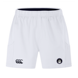 The Helena Youth Rugby Advantage Short 2.0 by EMB Canterbury boasts a sleek design with white sports fabric, embroidered logos on each leg, an elastic waistband, and side pockets. These shorts deliver performance-driven comfort while emphasizing sustainability with high-quality materials.