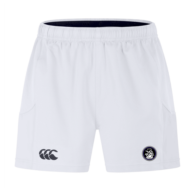The Helena Youth Rugby Advantage Short 2.0 by EMB Canterbury boasts a sleek design with white sports fabric, embroidered logos on each leg, an elastic waistband, and side pockets. These shorts deliver performance-driven comfort while emphasizing sustainability with high-quality materials.