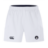 The Helena Youth Rugby Advantage Short 2.0 by EMB Canterbury boasts a sleek design with white sports fabric, embroidered logos on each leg, an elastic waistband, and side pockets. These shorts deliver performance-driven comfort while emphasizing sustainability with high-quality materials.