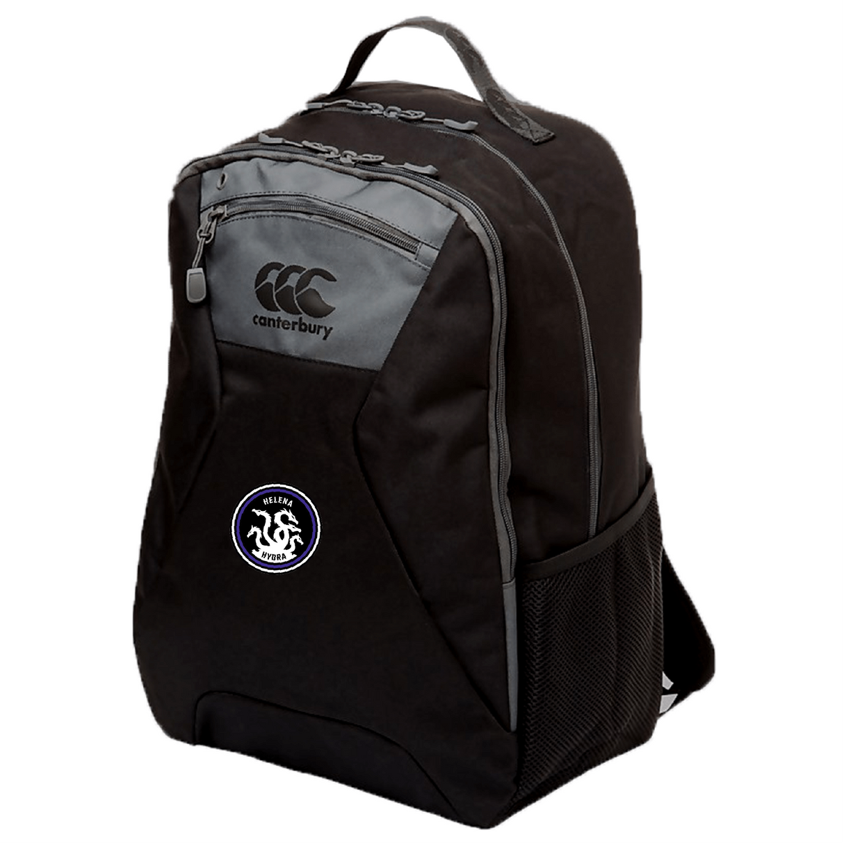 The Helena Youth Rugby Medium Backpack by EMB Canterbury in black and grey offers ergonomic shoulder straps, a zippered front pocket, a side mesh pocket, and an embroidered Canterbury logo.