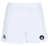 The Helena Youth Rugby Advantage Shorts by EMB Canterbury feature a white design with an elastic waistband and black circular logo on the front right. Crafted from moisture-wicking fabric, these shorts provide comfort and style both on and off the field.