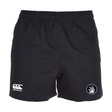 The Helena Youth Rugby Professional Polyester Shorts by EMB Canterbury feature an elastic waistband, iconic logo on the left, and a lion badge on the right. Perfect for rugby enthusiasts seeking comfort and style.