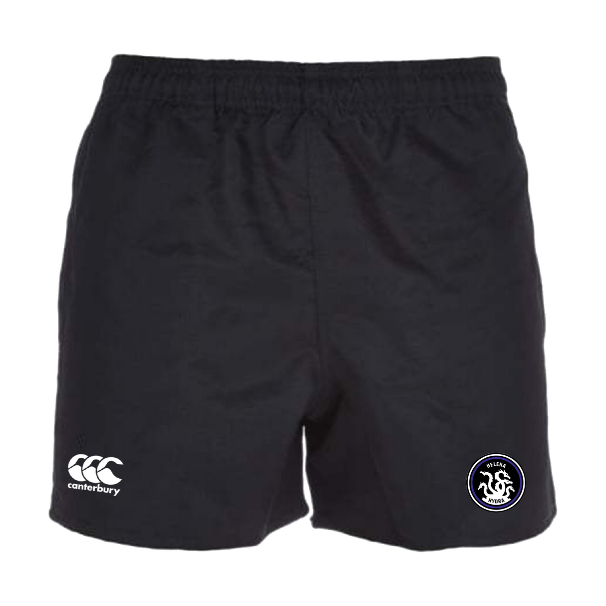 The Helena Youth Rugby Professional Polyester Shorts by EMB Canterbury feature an elastic waistband, iconic logo on the left, and a lion badge on the right. Perfect for rugby enthusiasts seeking comfort and style.
