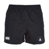 The Helena Youth Rugby Professional Polyester Shorts by EMB Canterbury feature an elastic waistband, iconic logo on the left, and a lion badge on the right. Perfect for rugby enthusiasts seeking comfort and style.