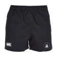 The Helena Youth Rugby Advantage Rugby Shorts by EMB Canterbury feature an elastic waistband, a logo on the left leg, and a circular emblem on the right leg. Made with moisture-wicking fabric for comfort and style during intense workouts.